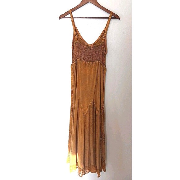 Sakkas Boho Maxi Dress 1X/2X Tan Embroidered Crinkle Cotton Rayon Elastic Bust - Picture 7 of 14